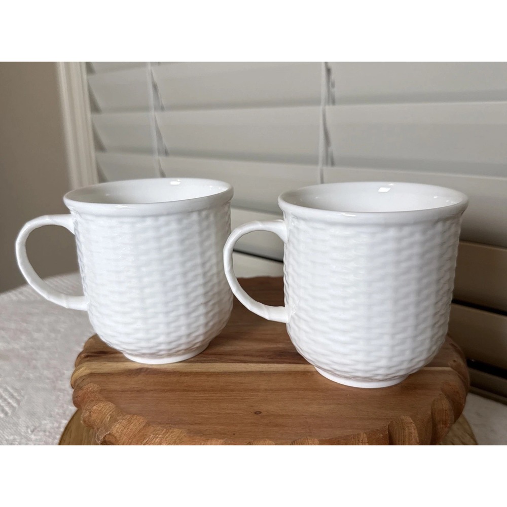Wedgwood Nantucket Basketweave Coffee Mug Cup Set of 2 White 3.5" England